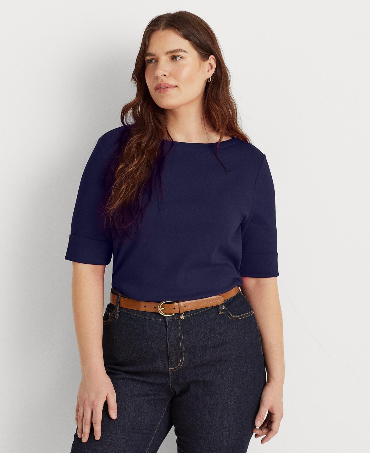 Lauren Ralph Lauren Plus Size Stretch Cotton Boat Neck Short Folded Elbow Sleeve Top Product Image