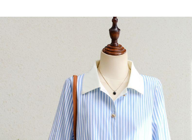 Long Sleeve Collared Striped Panel Shirt Product Image