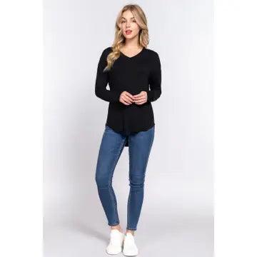 Women's Black Long Dolman Sleeve V-Neck Rayon Span Jersey Top Female Product Image