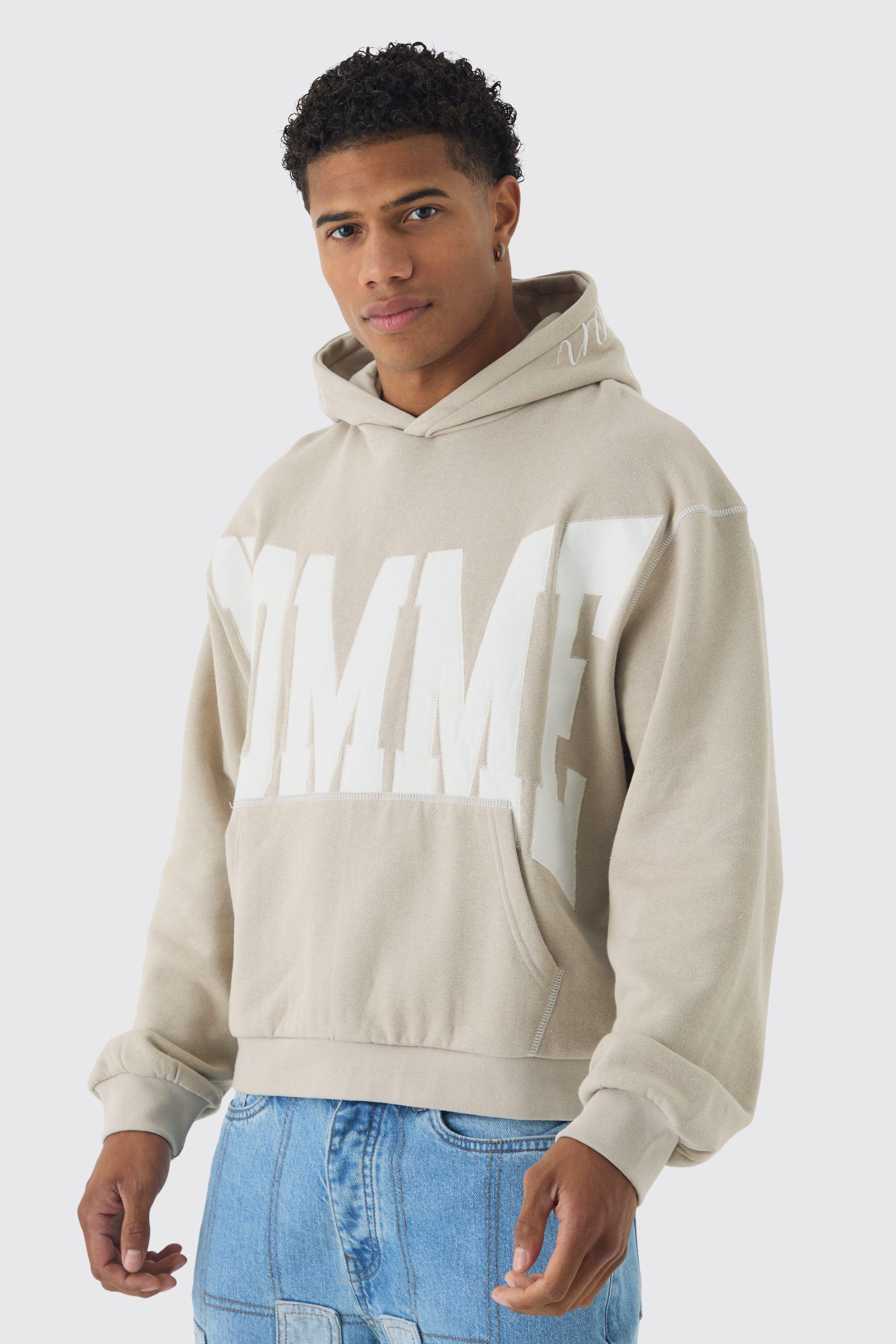 Oversized Boxy Twill Applique Contrast Stitch Hoodie | boohooMAN USA Product Image