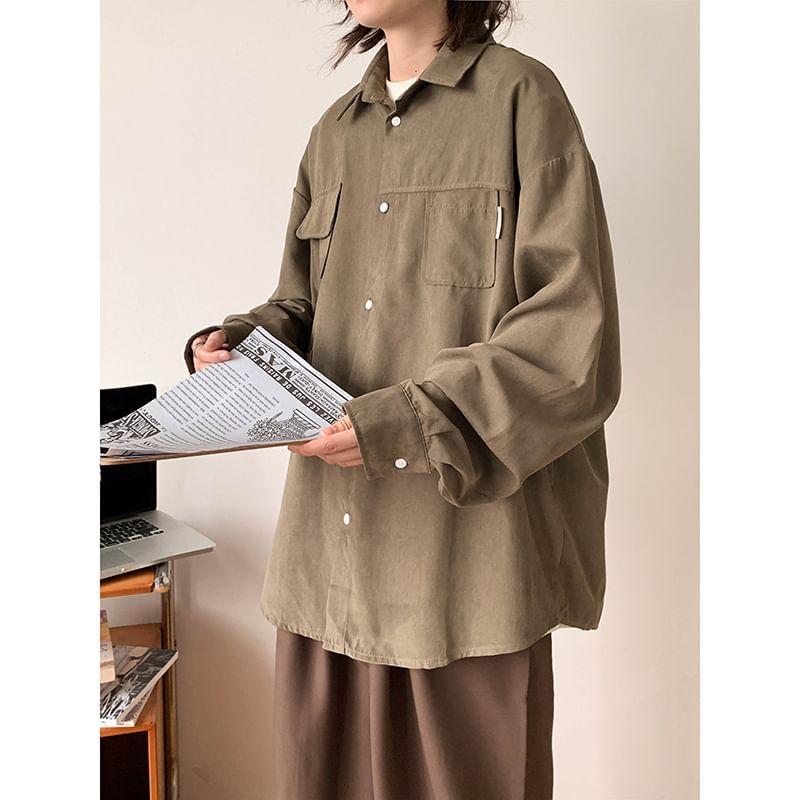 Long-Sleeve Plain Shirt Jacket Product Image