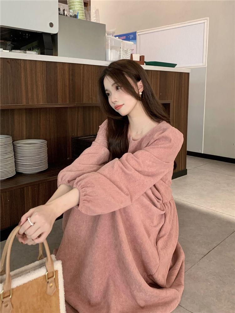 Long Sleeve Round Neck Plain Corduroy A-Line Midi Dress Product Image