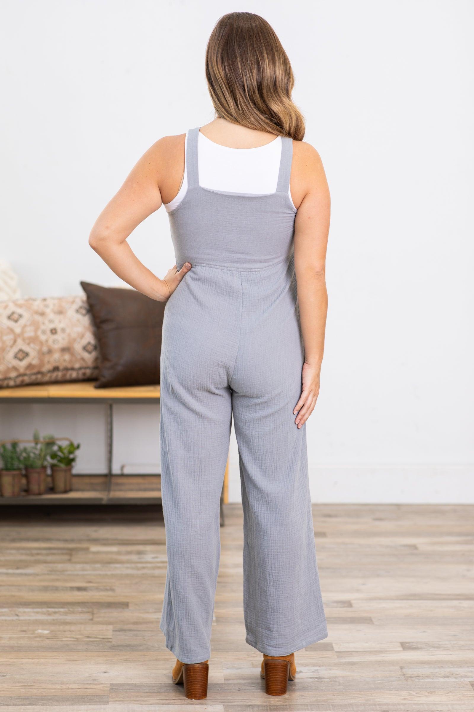 Grey Textured Wide Leg Overalls With Pockets Product Image