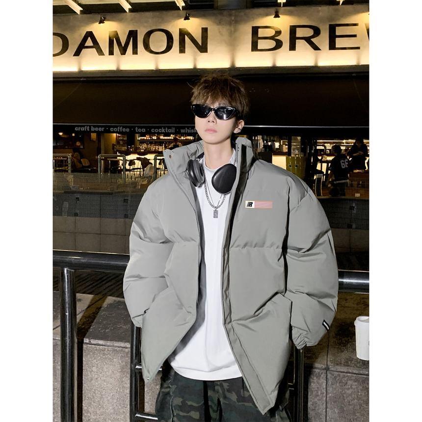 Stand Collar Lettering Print Zip Puffer Jacket Product Image