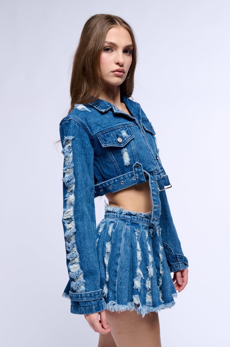 STRESSED OUT CUT OUT CROP DENIM JACKET Product Image