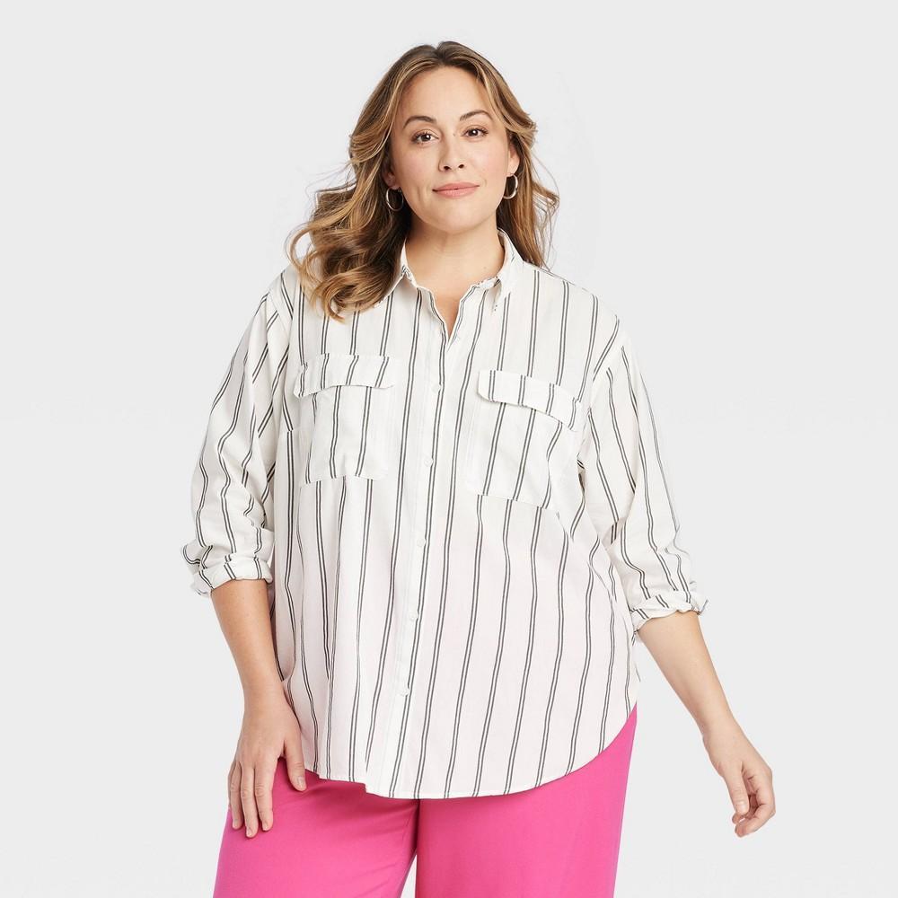 Womens Long Sleeve Utility Button-Down Shirt - Ava & Viv White Striped 2X Product Image