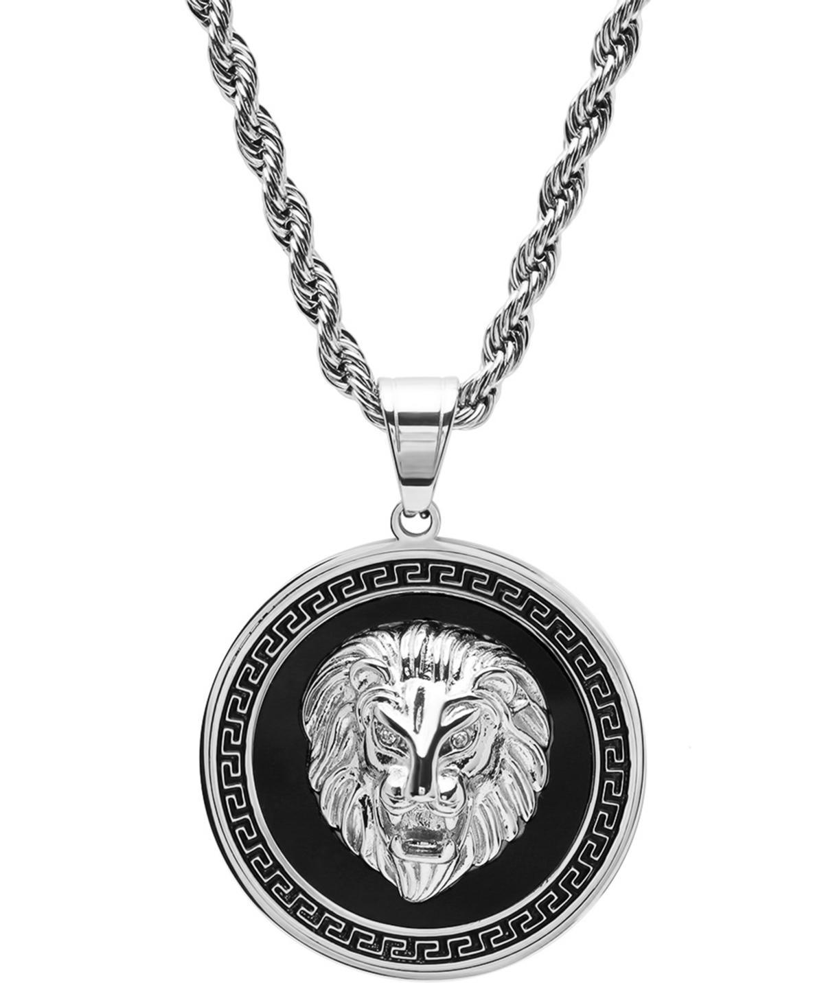 Steeltime Mens Two-Tone Stainless Steel Simulated Diamond Lion Head On Greek Key Mount 24 Pendant Necklace - Black Product Image