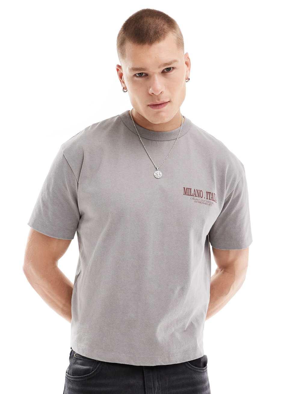 ASOS DESIGN boxy relaxed T-shirt in heavyweight 220gsm washed gray with back print Product Image