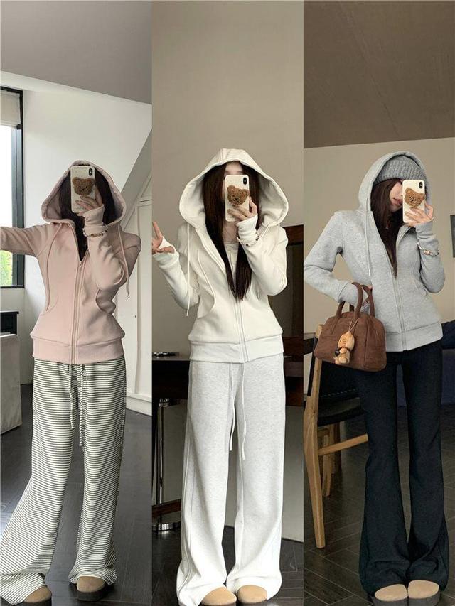 Plain Zip-Up Hoodie / Drawstring Waist Wide Leg Sweatpants Product Image