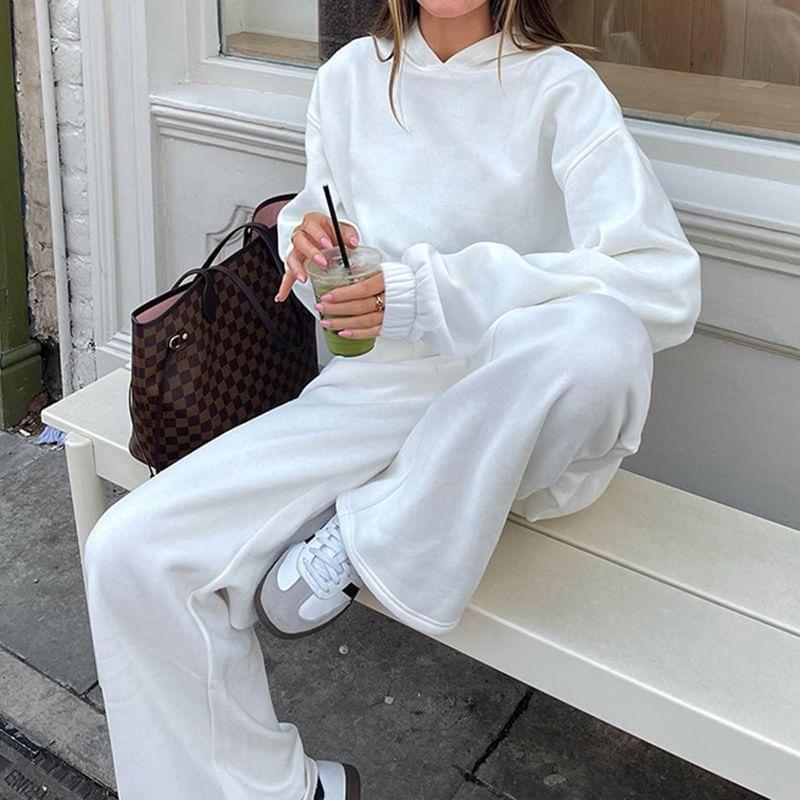 Drop Shoulder Plain Oversized Hoodie / Mid Rise Plain Wide Leg Sweatpants Product Image