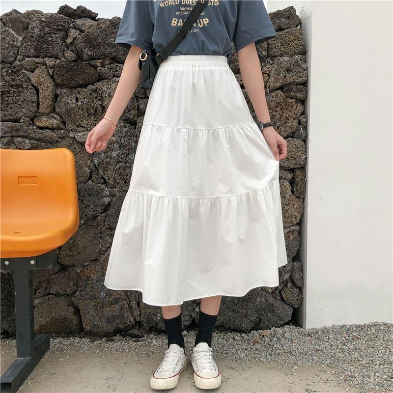 Elastic Waist Plain Midi A-Line Skirt Product Image