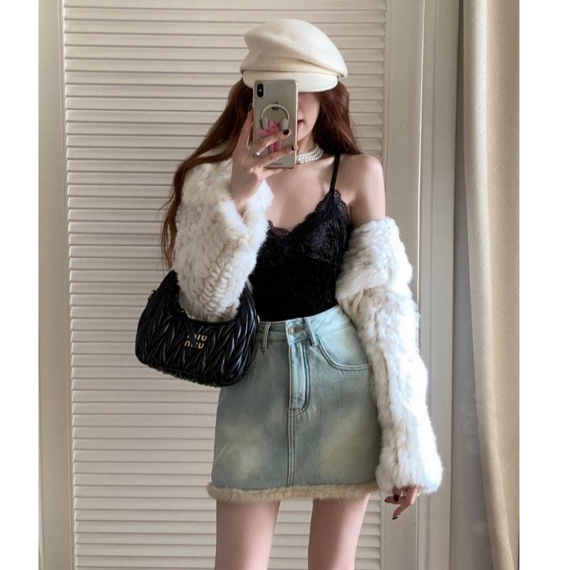 High Waist Washed Fluffy Trim Fleece-Lined Mini Pencil Denim Skirt product image