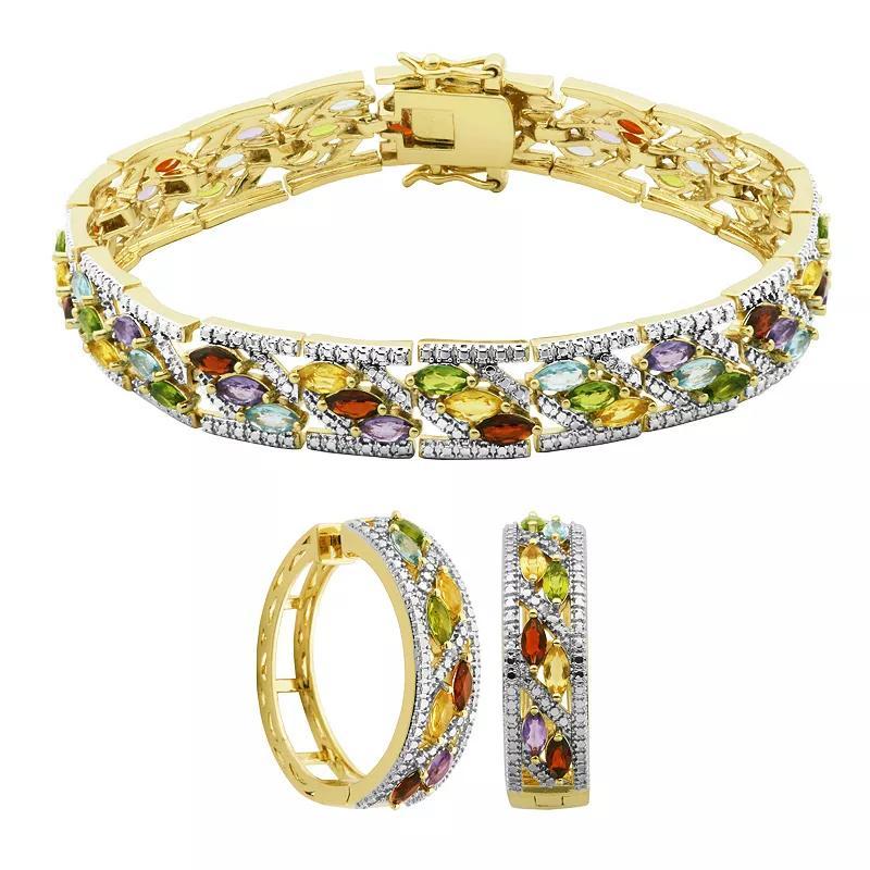 Gold Tone Semi-Precious Rainbow Gemstone Bangle Bracelet and Hoop Earring Set, Womens Product Image