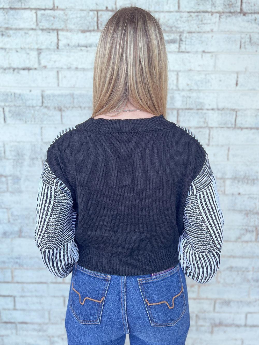 Striped Lantern Sleeve Cropped Sweater - 3 Colors Product Image