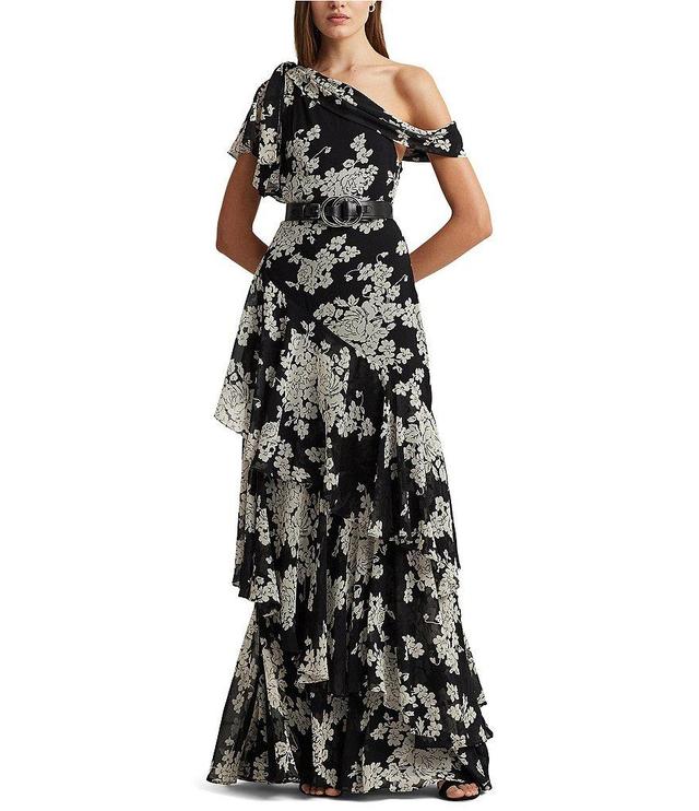 Lauren Ralph Lauren Georgette Floral Print One Shoulder Flutter Sleeve Tiered Gown Product Image