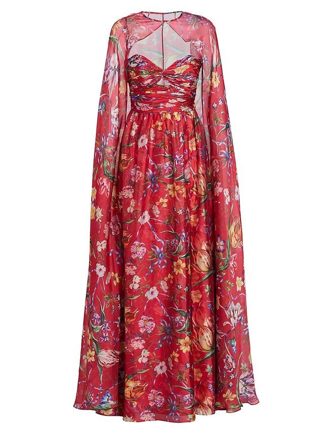 Cutout Floral-Print Sweetheart Cape Gown Product Image