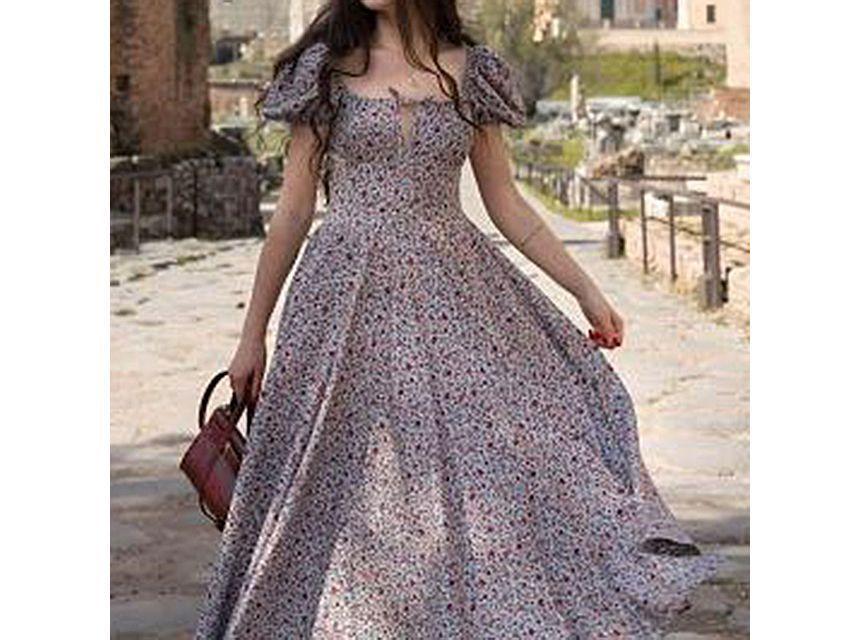 Short-Sleeve Square Neck Floral Print Slit Tie Front Maxi A-Line Dress Product Image