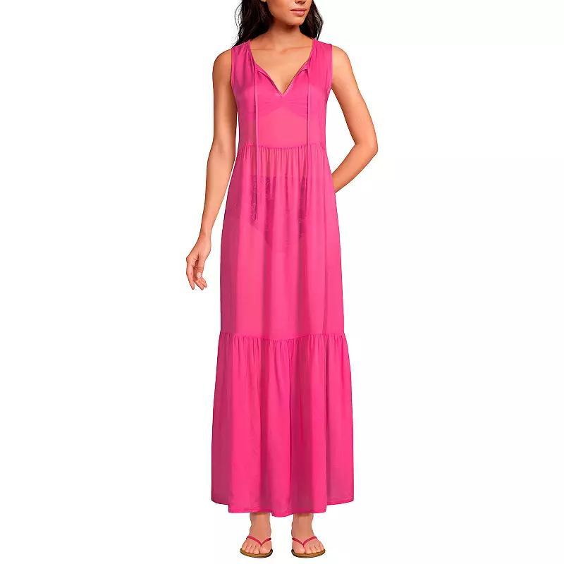 Womens Lands End Sheer Tiered Maxi Swim Cover-Up Dress Product Image