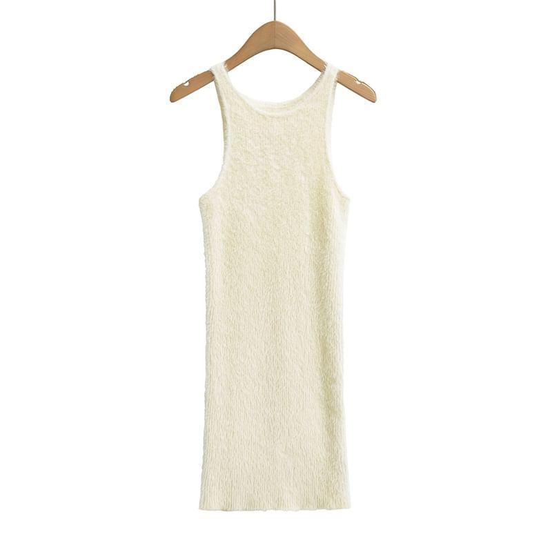 Sleeveless Round Neck Plain Fluffy Bodycon Mini Dress Product Image