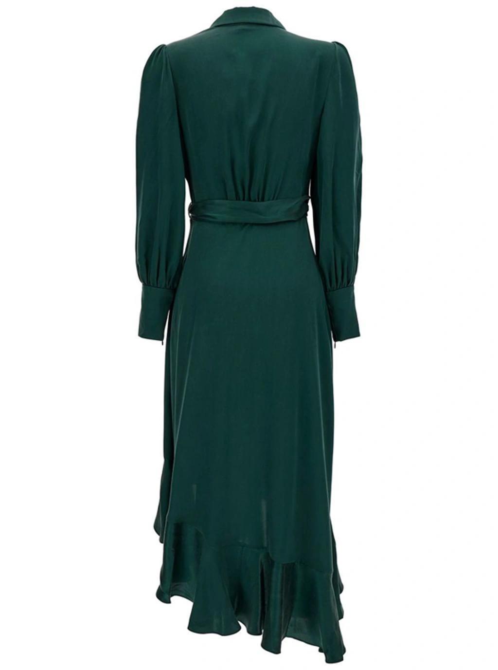 Green Ruffled-trim Silk Wrap Dress Product Image