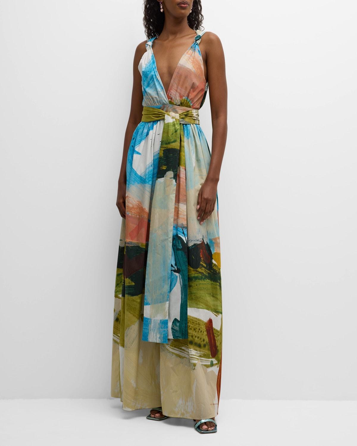 Womens Abstract Landscape Print Tie Maxi Dress product image