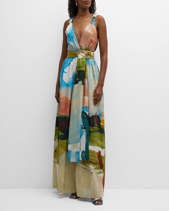 Womens Abstract Landscape Print Tie Maxi Dress Product Image