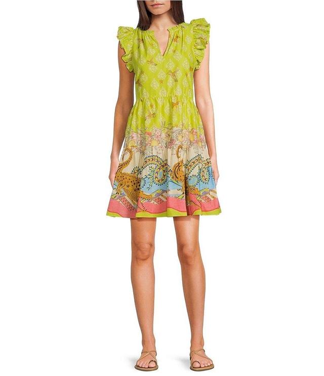 A Loves A Mixed Split V-Neck Ruffle Cap Sleeve Tiered Printed Mini Dress Product Image