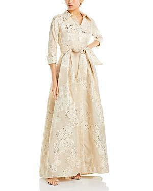 Womens Three-Quarter Sleeve Metallic Jacquard Shirt Waist Gown Product Image