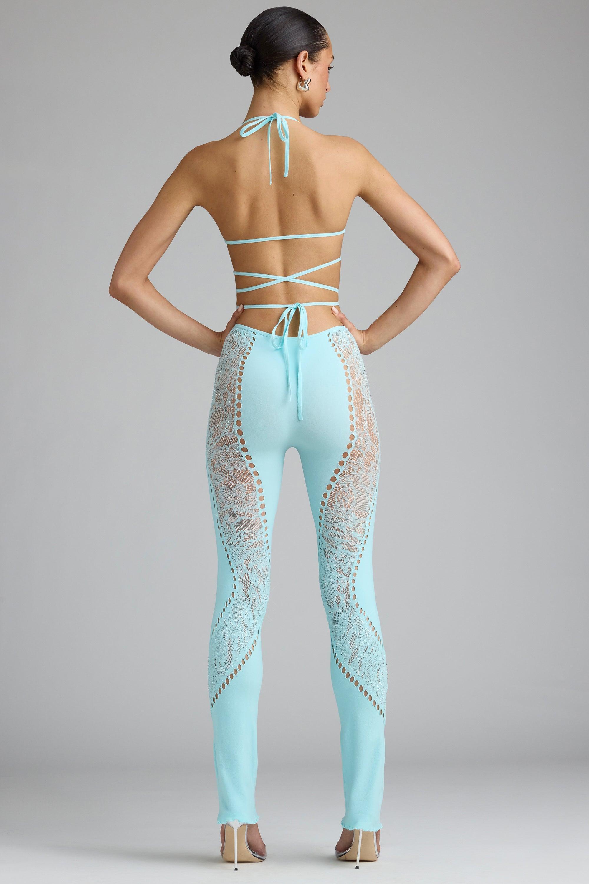 Tall Embellished Mid-Rise Flared Trousers in Ice Blue Female Product Image