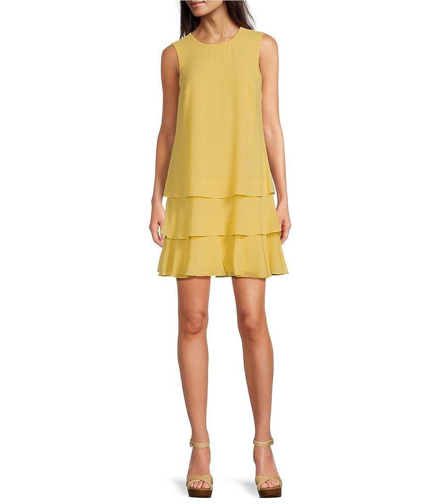 Lauren Ralph Lauren Georgette Round Neck Sleeveless Tiered Ruffle Hem Shift Dress Product Image