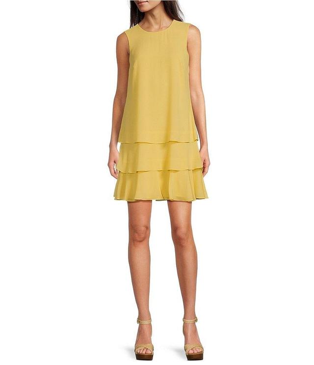 Lauren Ralph Lauren Georgette Round Neck Sleeveless Tiered Ruffle Hem Shift Dress Product Image