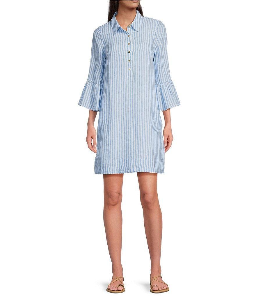 Lilly Pulitzer Jazmyn Linen Stripe Print Point Collar 3/4 Ruffle Seam Shirt Dress Product Image