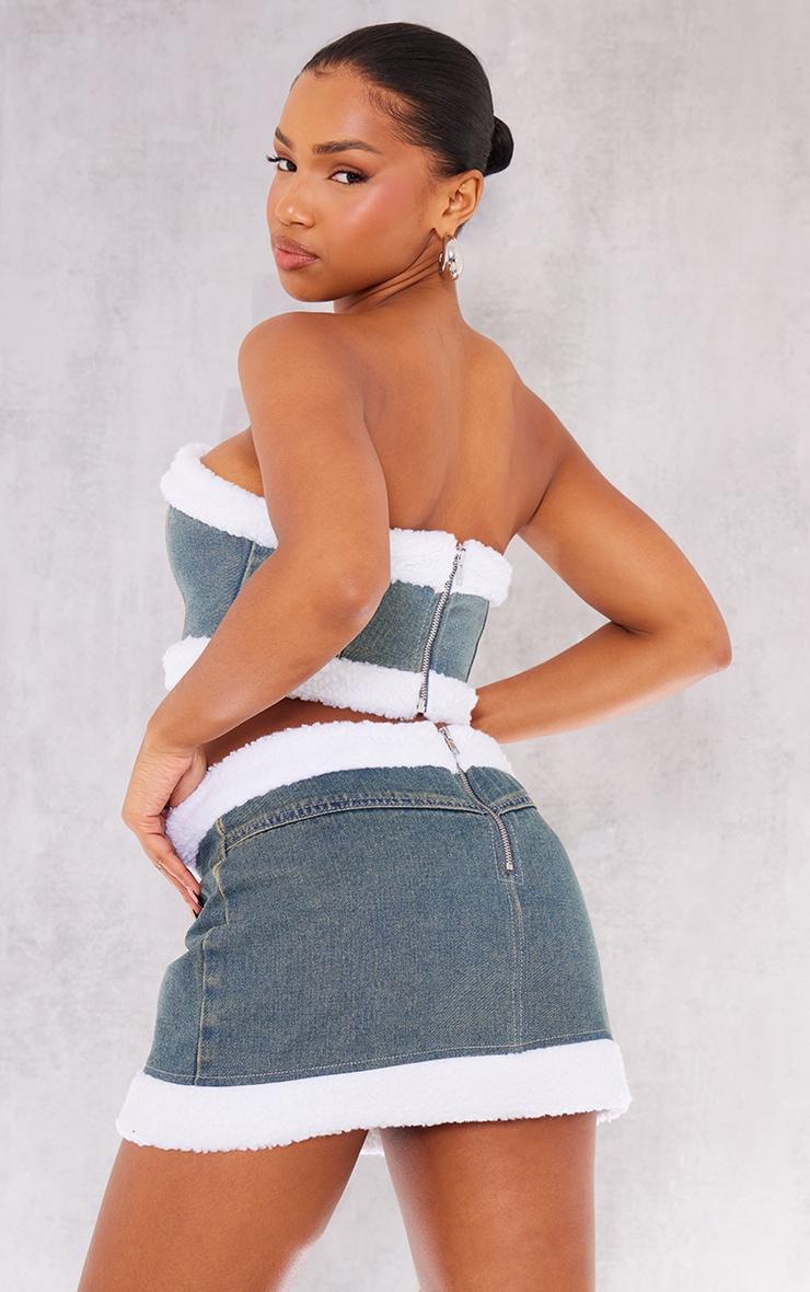 Vintage Wash Fur Trim Denim Bandeau Corset Top Product Image