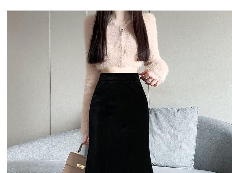 High Rise Velvet Lace Trim Midi Mermaid Skirt Product Image