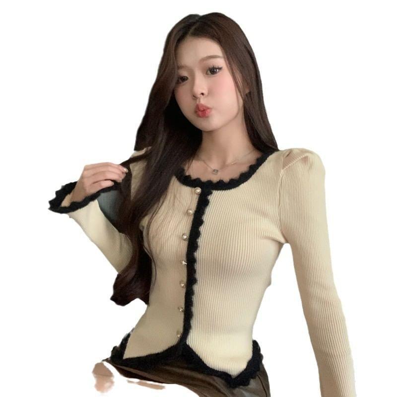 Scoop Neck Contrast Trim Faux Pearl Button Sweater Product Image