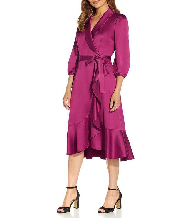 Adrianna Papell Tuxedo Satin Side Wrap Tiered Ruffle Hem Shawl Collar Surplice V-Neck 3/4 Sleeve Dress Product Image