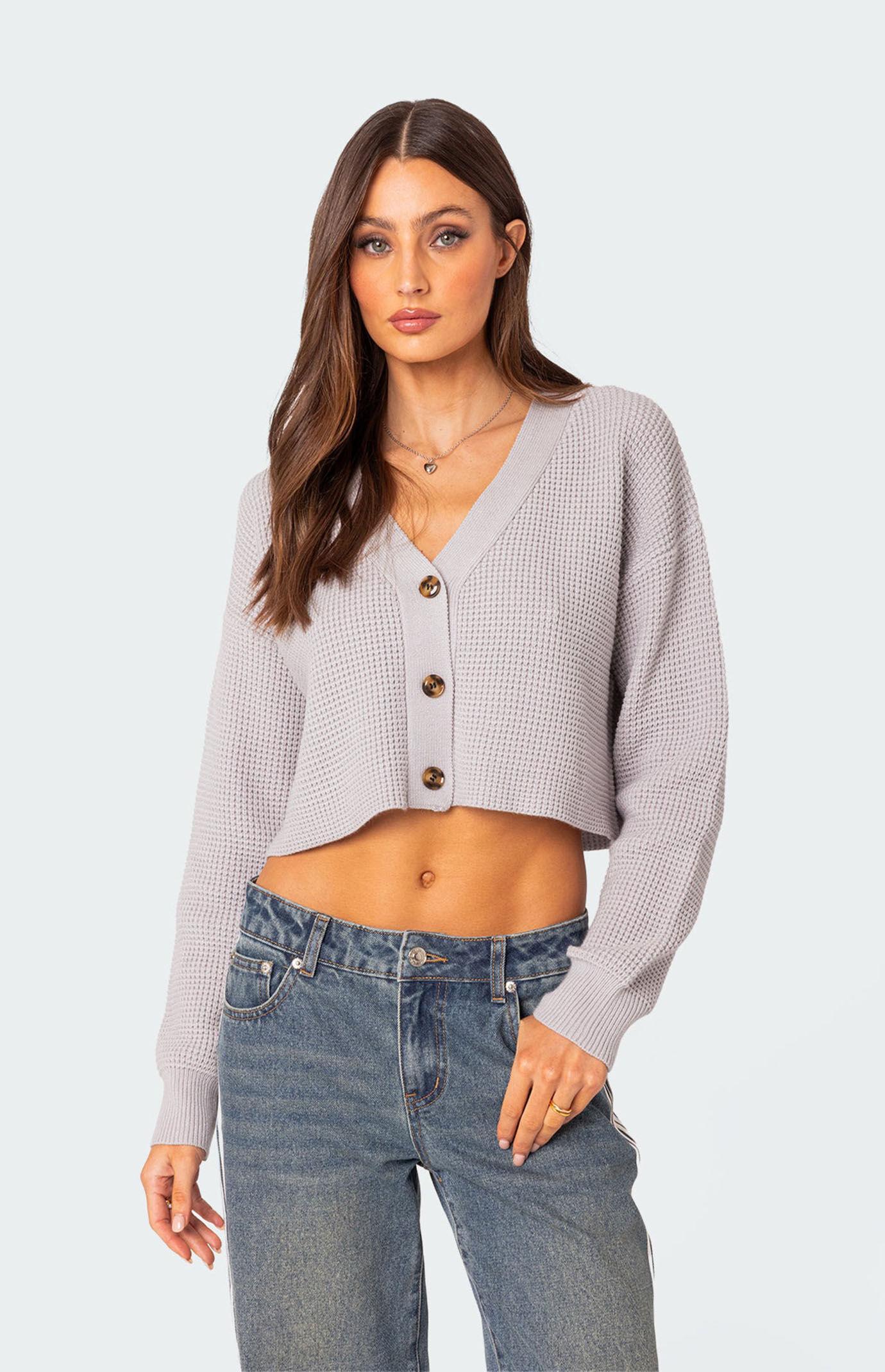 Edikted Women's Oversized Waffle Knit Cropped Cardigan Product Image