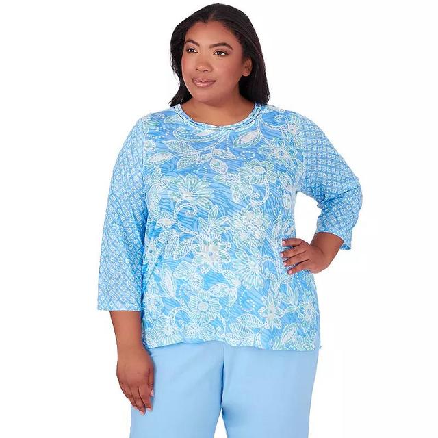 Plus Size Alfred Dunner Batik Floral Print Crewneck 3/4-Sleeve Top, Womens Product Image