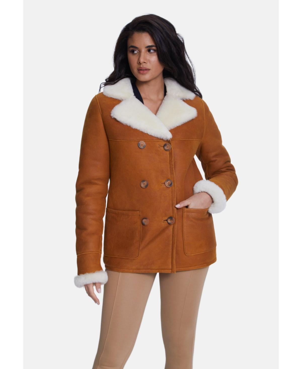 Womens Shearling Peacoat, Washed Whisky with White Wool Product Image