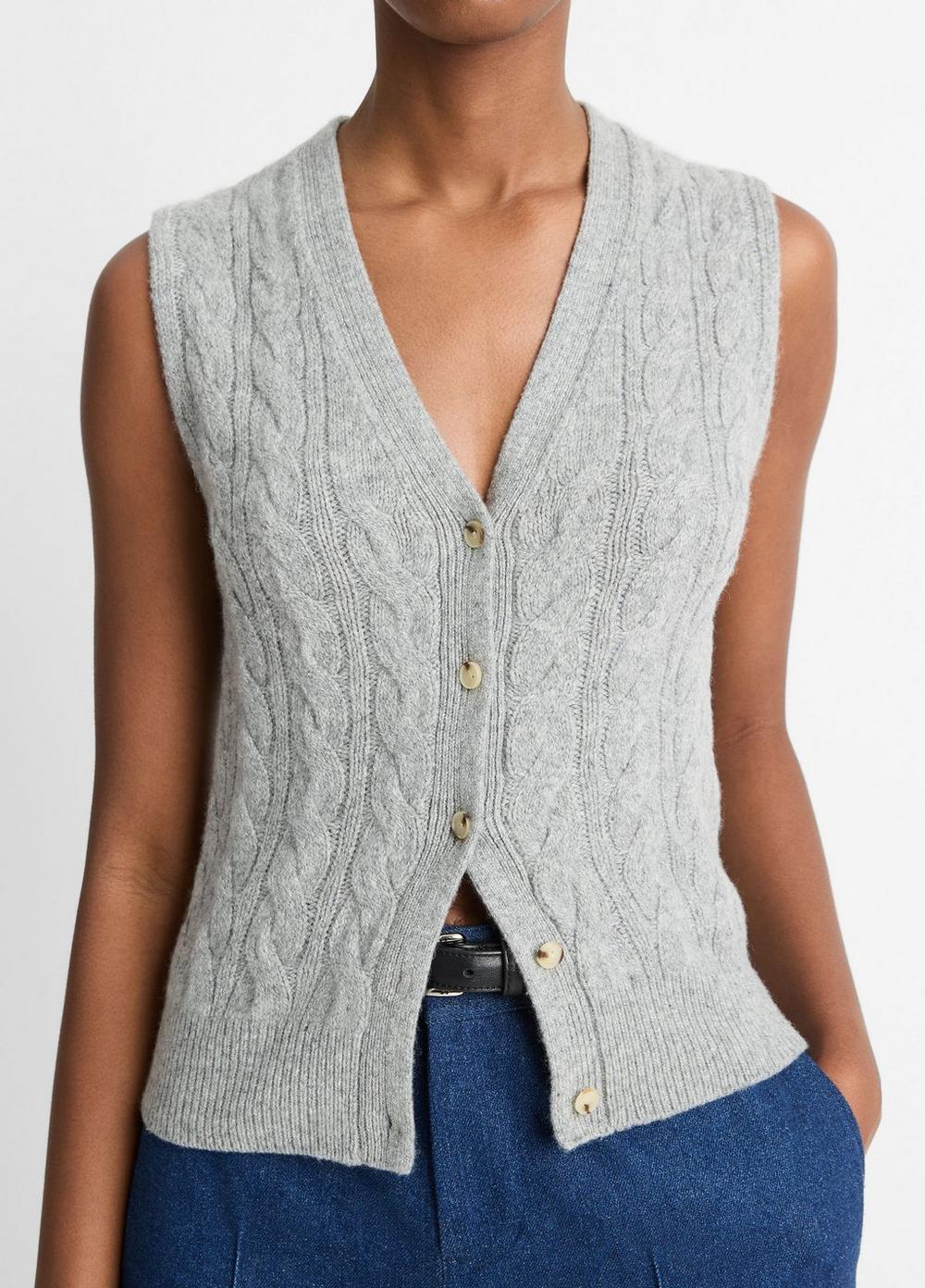 Womens Cable Wool-Blend Button Sweater Vest, Heather Silver Dust, Size XL Vince Product Image