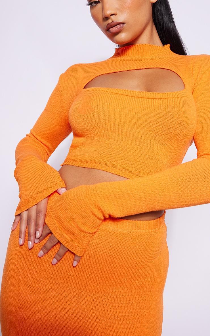 Orange Tie Back Long Sleeve Knit Crop Top Product Image