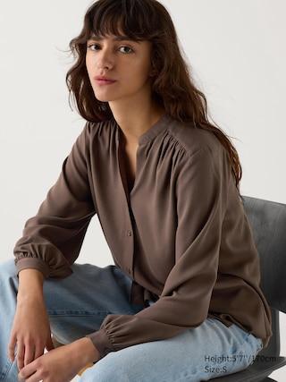 Womens Rayon Gathered Blouse Brown Medium UNIQLO US Product Image