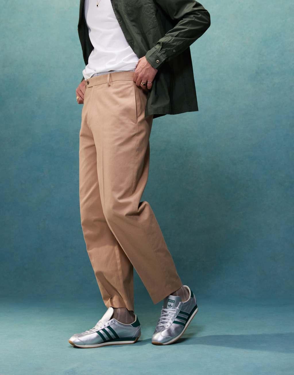 ASOS DESIGN smart oversized tapered cotton twill pants with front pleats in tan Product Image