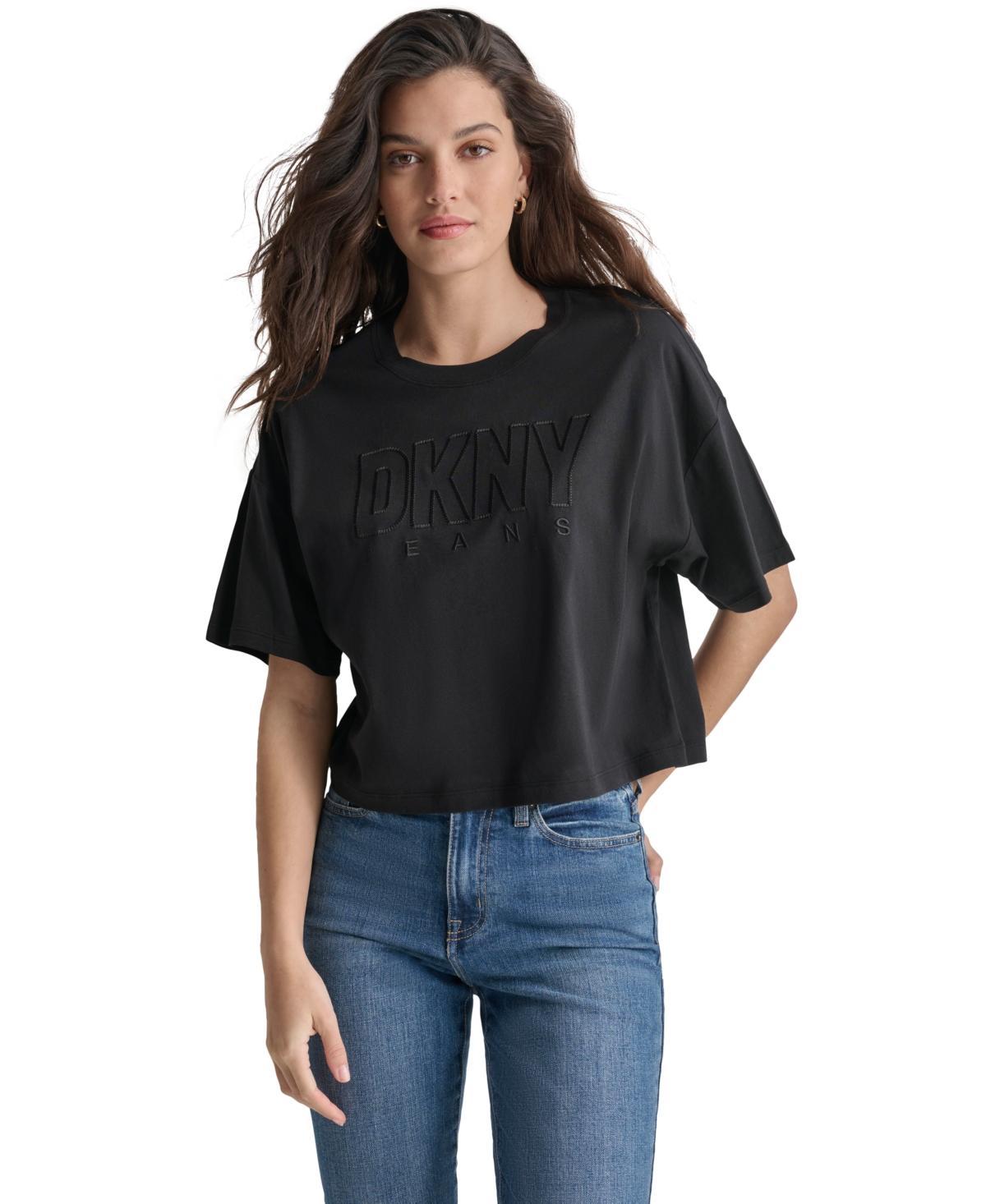 Dkny Jeans Womens Cropped-Fit Short-Sleeve Logo T-Shirt Product Image