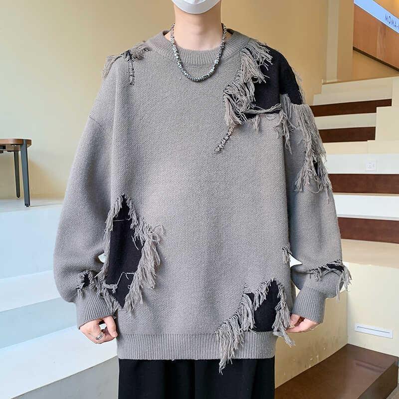 Crew Neck Two Tone Fringed Sweater Product Image