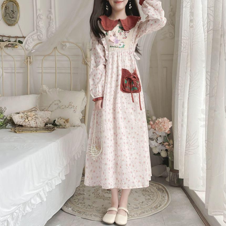 Long-Sleeve Peter Pan Collar Floral Print Rabbit Embroidered Frill Trim Midi A-Line Dress Product Image