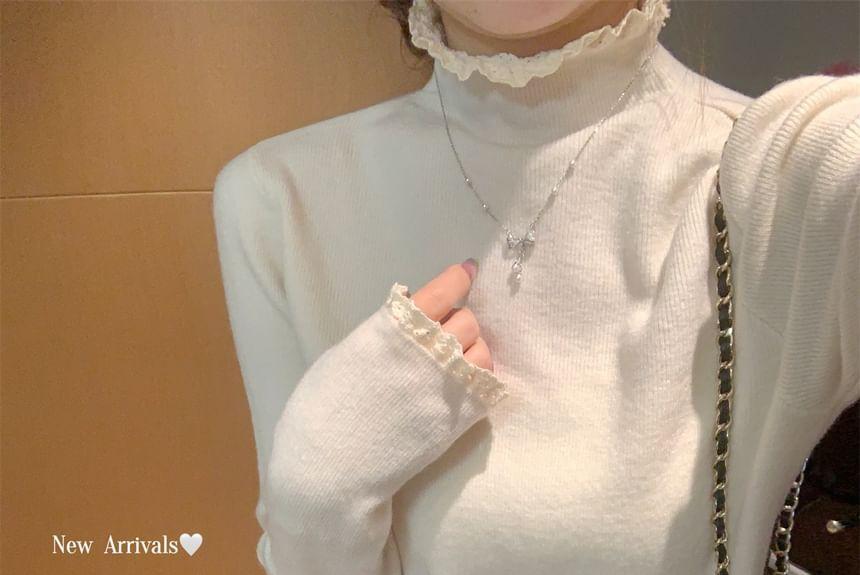 Long-Sleeve Mock Neck Lace Trim Knit Top Product Image