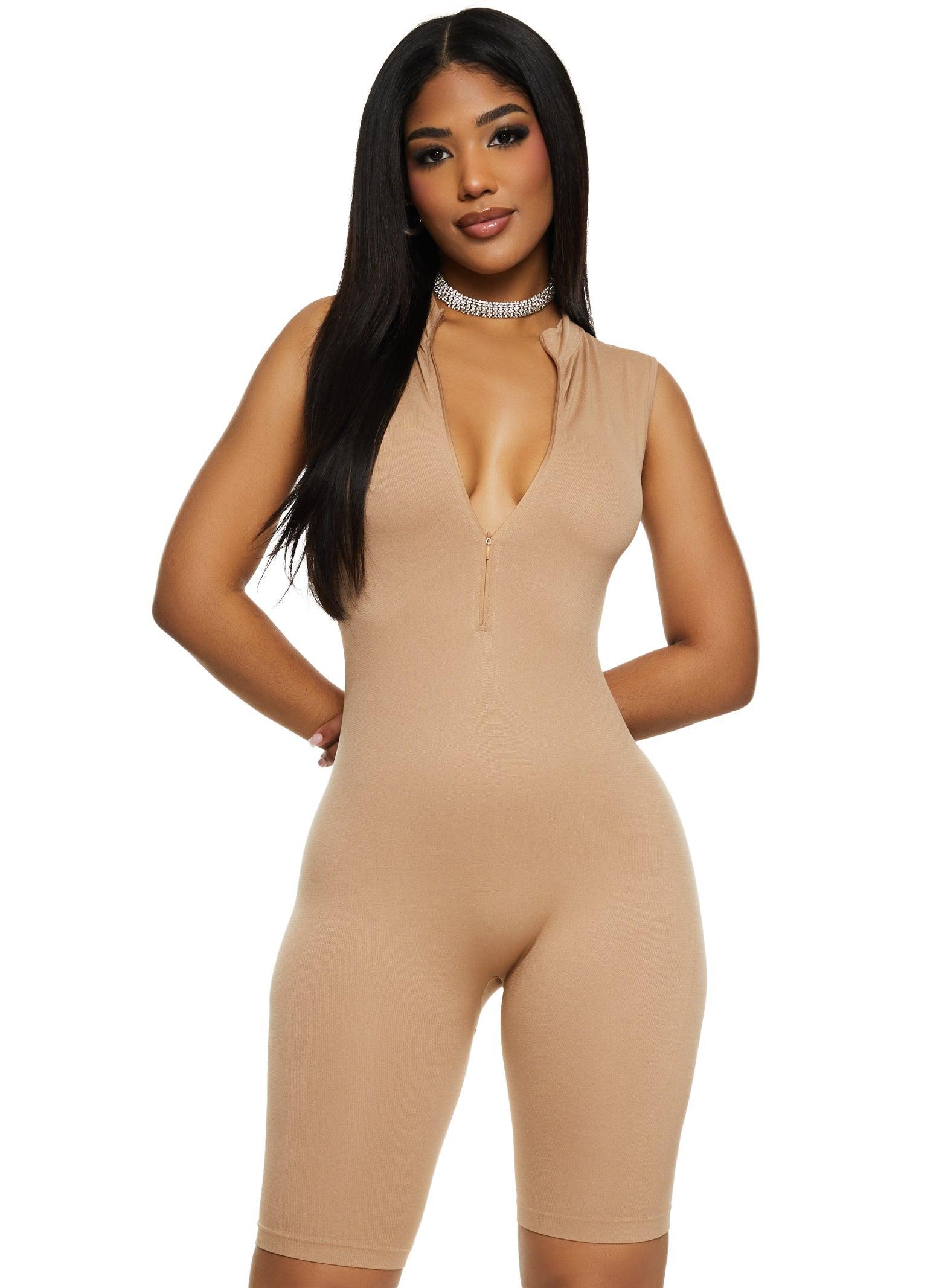 Womens Seamless Ribbed Zip Front Romper Product Image