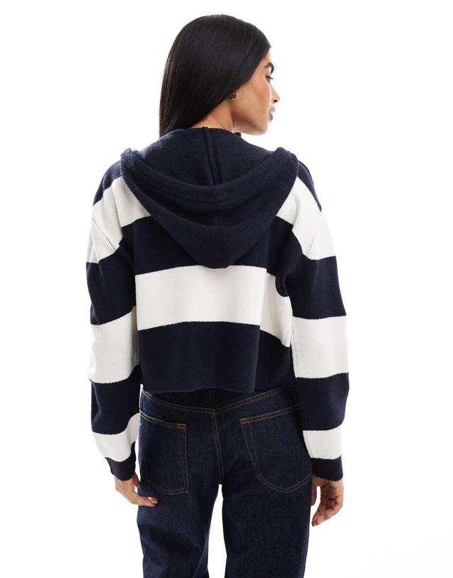 Miss Selfridge zip through crop knit hoodie in mono stripe Product Image