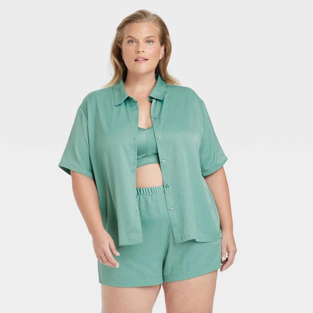 Womens Satin Short Sleeve Notch Collar Top and Shorts Pajama Set - Auden Green 2X Product Image